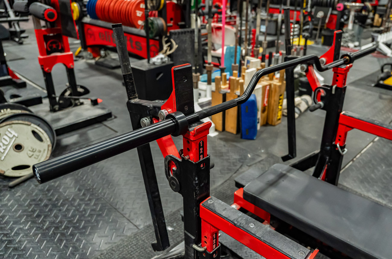 Gym equipment including a weight bench and barbell in a gym setting.