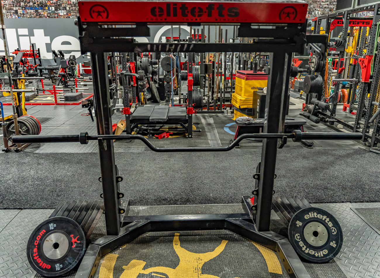 Gym equipment with 'elitefts' branding in a gym setting