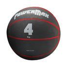 Black medicine ball with red stitching and 'Powermax' branding on a white background