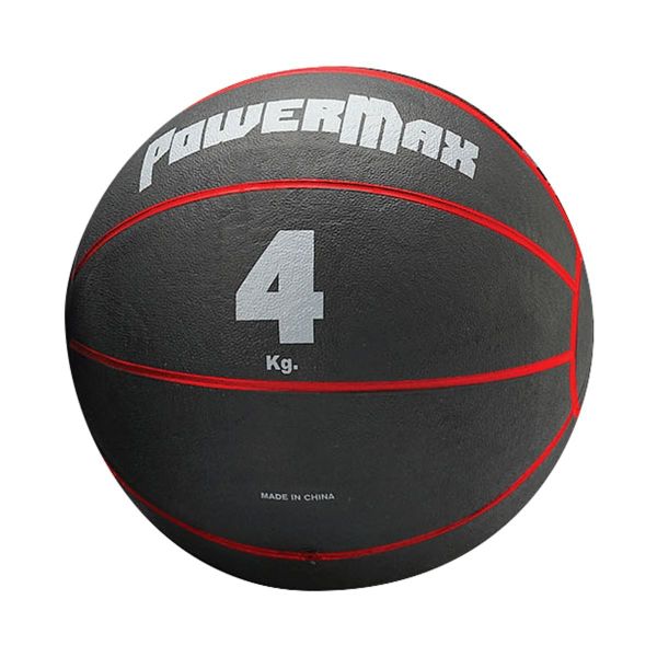 Black medicine ball with red stitching and 'Powermax' branding on a white background