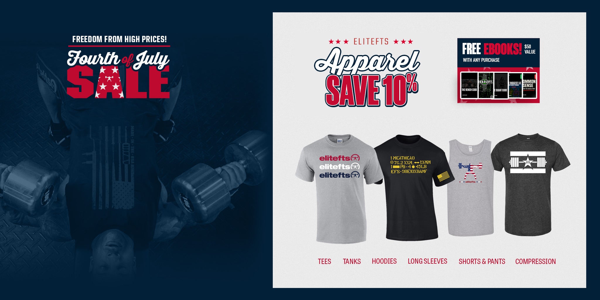 Promotional graphic for a Fourth of July sale with Elittefft apparel and truck graphic.