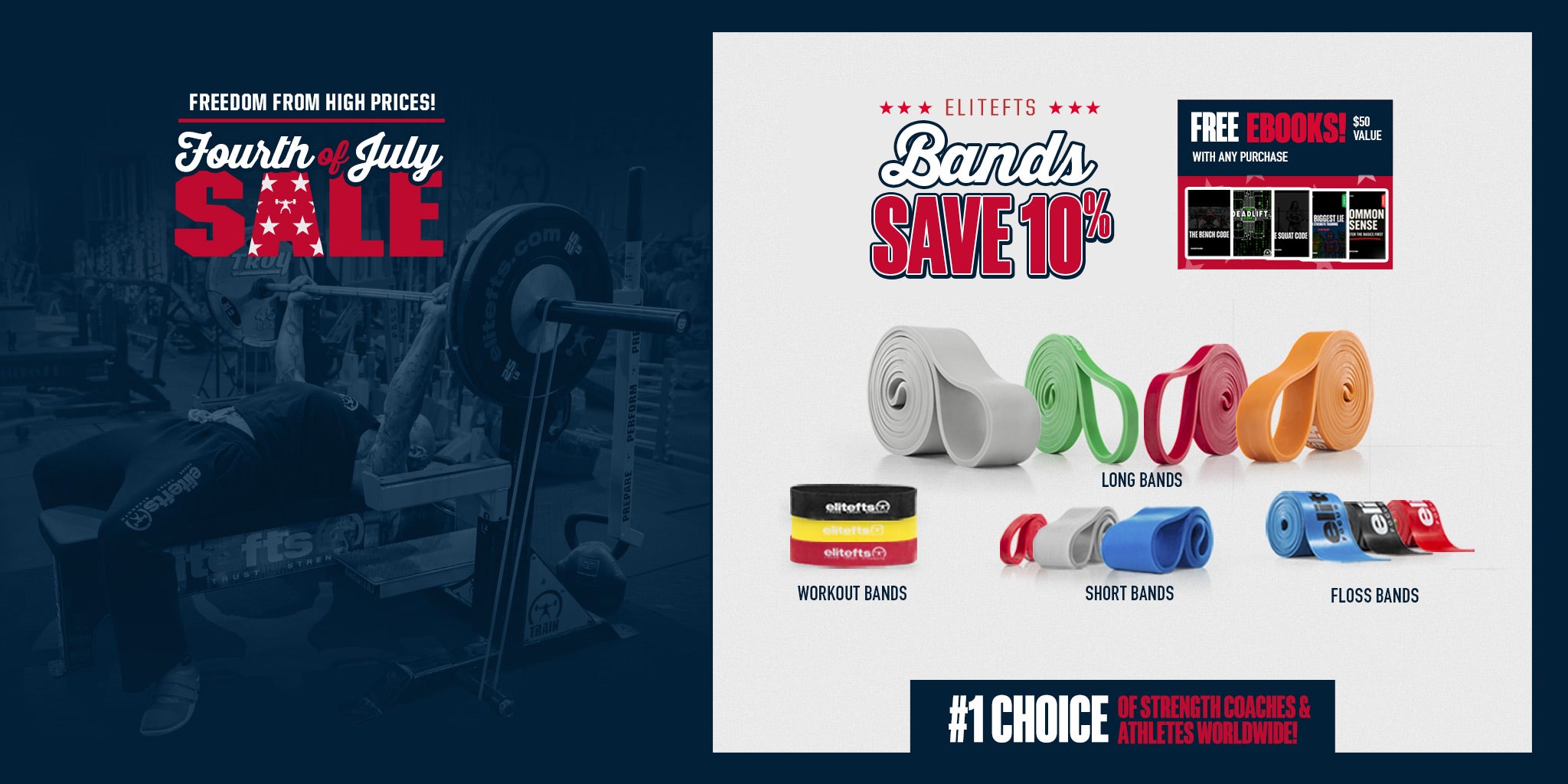 Advertisement for resistance bands with promotional text on a blue background