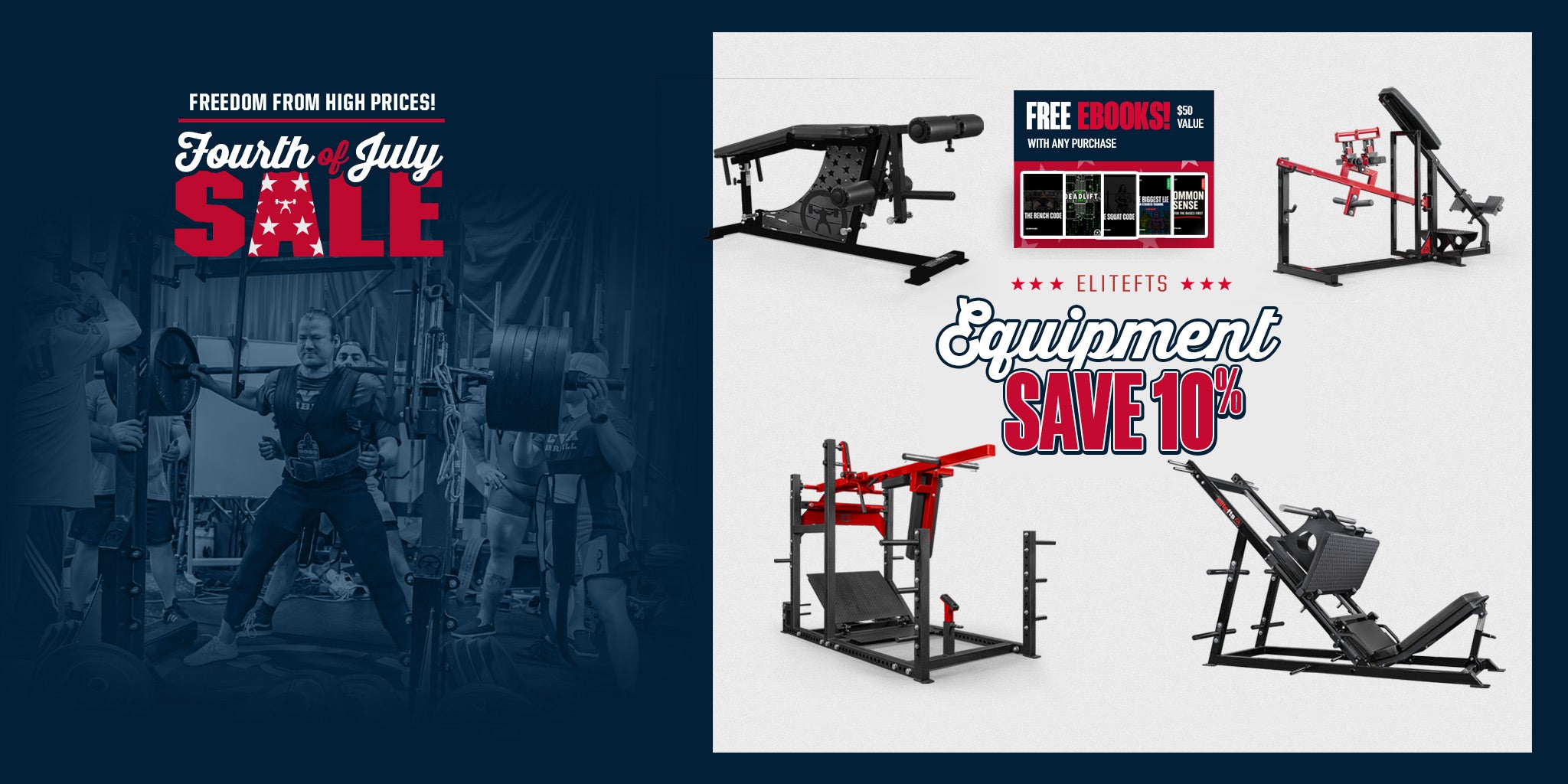 Advertisement for a Fourth of July sale on gym equipment with discounts.