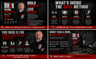 A promotional infographic for the BH2K book and program, featuring four dark panels with text, photos of a bearded man in black clothing, and product imagery including a black book, bottle, and weights. The design uses red, black, and white color blocking with the brand name BH2K prominently visible.