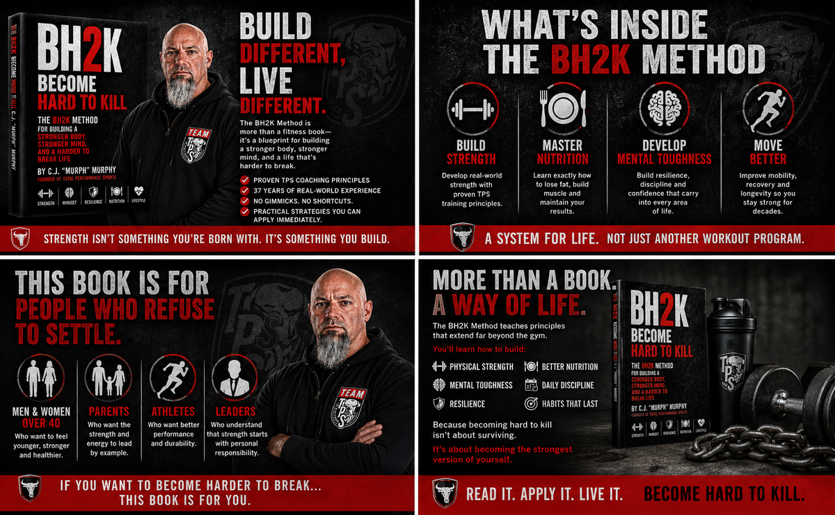A promotional infographic for the BH2K book and program, featuring four dark panels with text, photos of a bearded man in black clothing, and product imagery including a black book, bottle, and weights. The design uses red, black, and white color blocking with the brand name BH2K prominently visible.