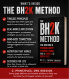 Promotional graphic for 'The BH2K Method' book, showing a black background with white and red text, a list of featured principles with checkmarks, and a book cover on the right.