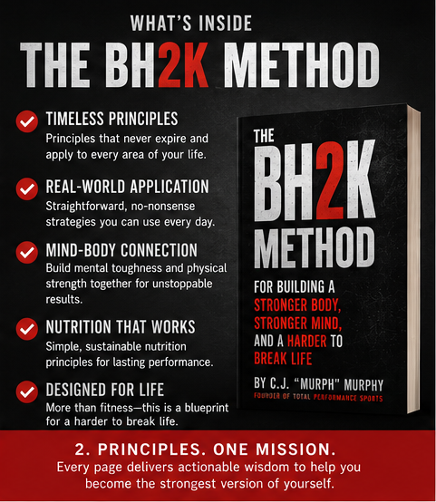 Promotional graphic for 'The BH2K Method' book, showing a black background with white and red text, a list of featured principles with checkmarks, and a book cover on the right.