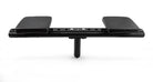 Black adjustable desk stand on a white background