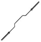 A black metal EZ-barbell, a straight-weight barbell variant with three bent sections, shown diagonally on a solid white background.