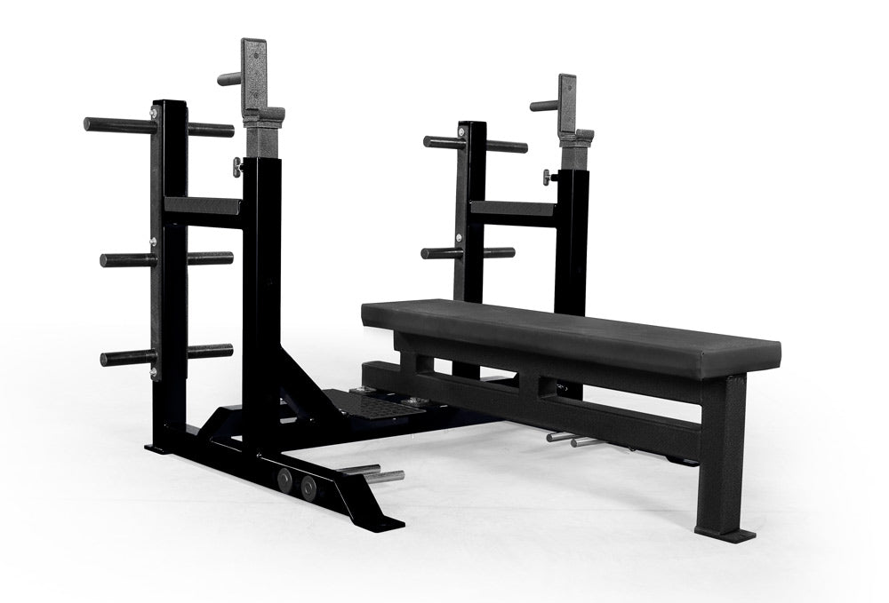 Black weight bench and rack on a white background