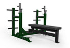 Green weight rack with a black weight bench on a white background