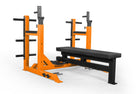 Orange weight rack with black bench on a white background