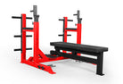 Red weight rack with black weight bench on a white background