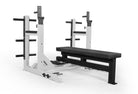 Gym bench and weight rack on a white background