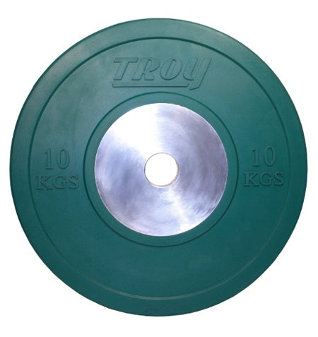 Green weight plate with 'TROY' branding on a white background