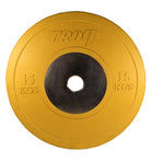 Yellow weight plate with 'Troy' branding on a white background
