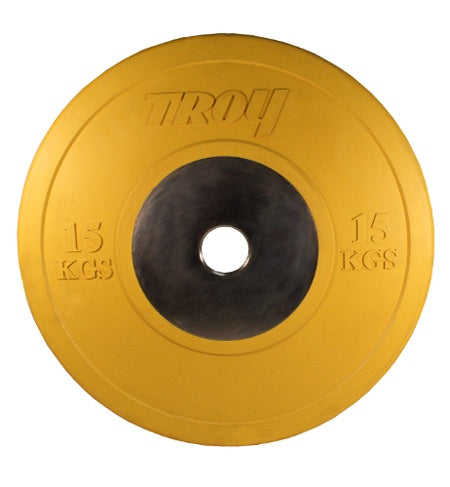 Yellow weight plate with 'Troy' branding on a white background