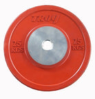 Red weight plate with 'Troy' branding on a white background