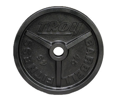 Black weight plate with 'Troy Barbell' branding on a white background