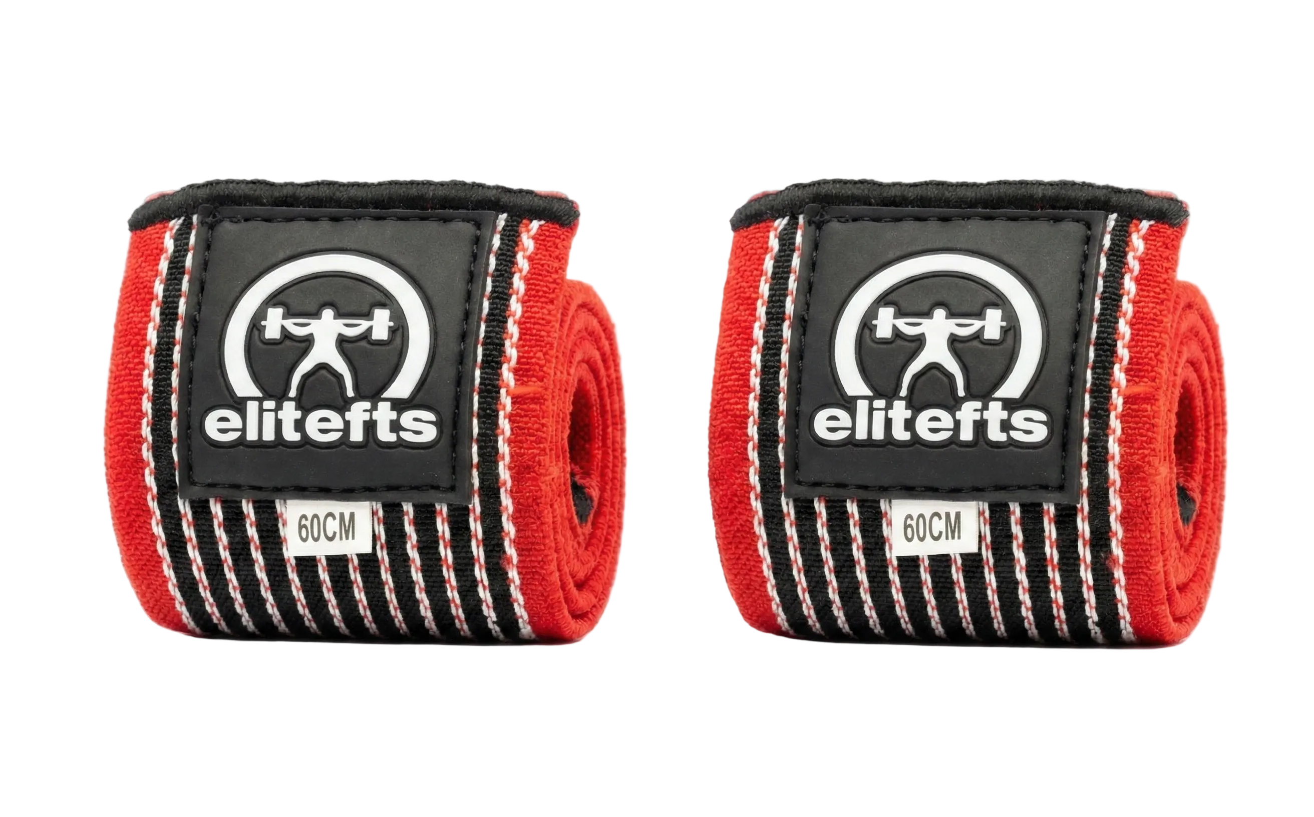 Two red and black wrist wraps with 'eliteffs' branding on a white background