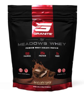 Granite protein powder package with chocolate flavor on a white background