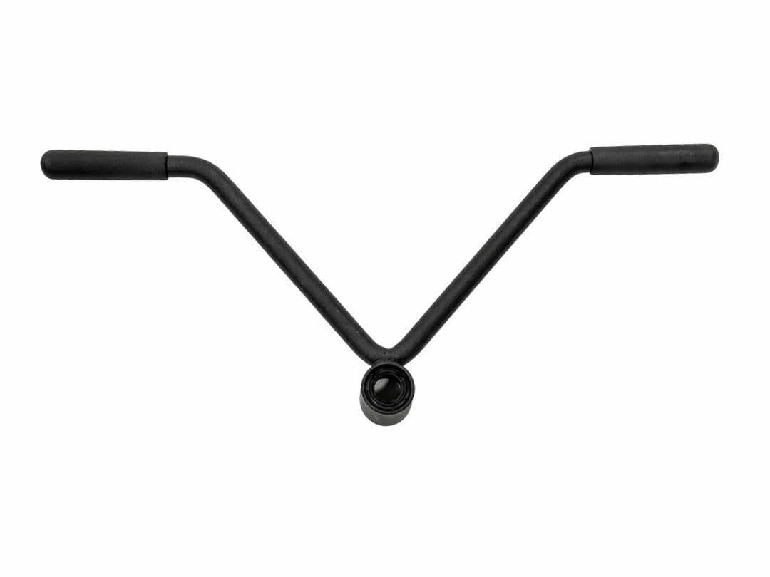 A black V-shaped handlebar with two cylindrical grips and a central mounting ring, shown against a plain white background.