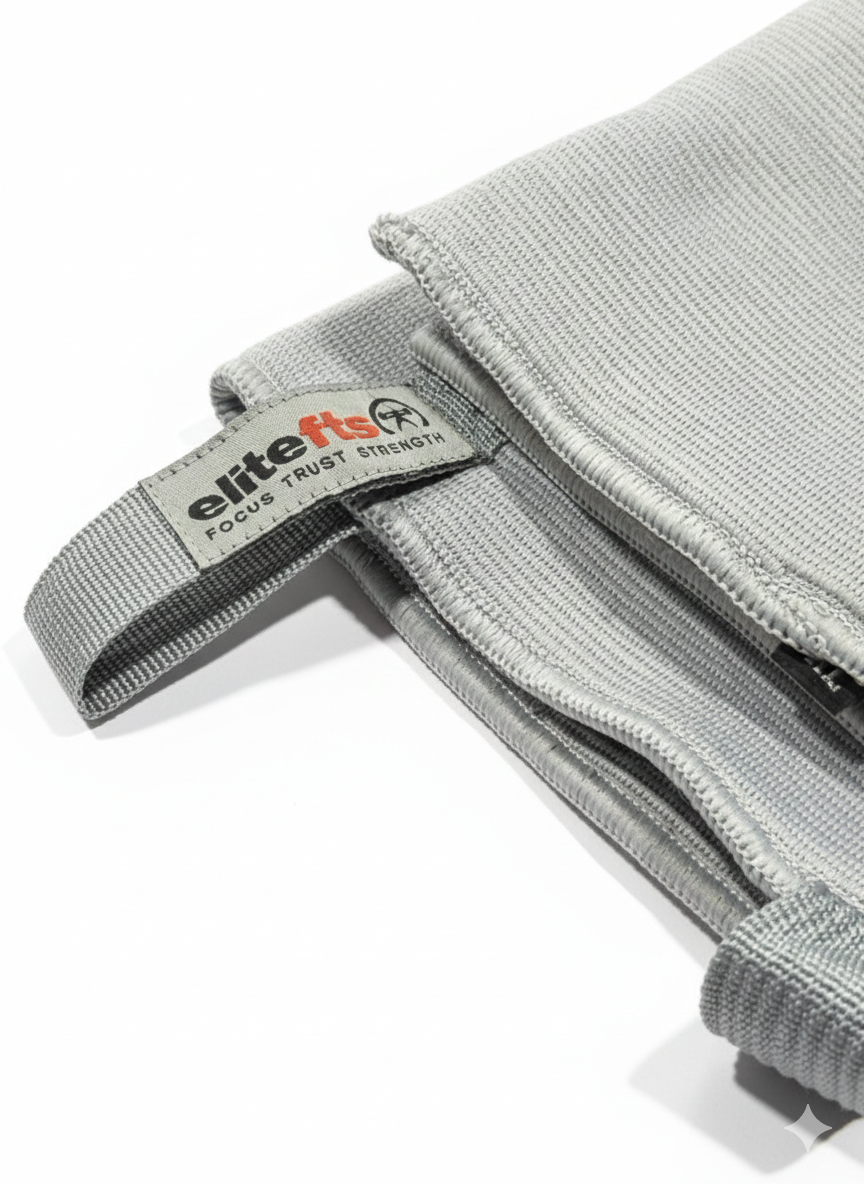 Gray resistance band with Elitefts logo on a white background