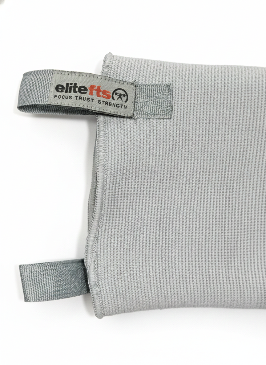 Gray fabric pouch with 'elitefts' logo on a white background