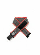 Black and red striped belt with a logo on a white background