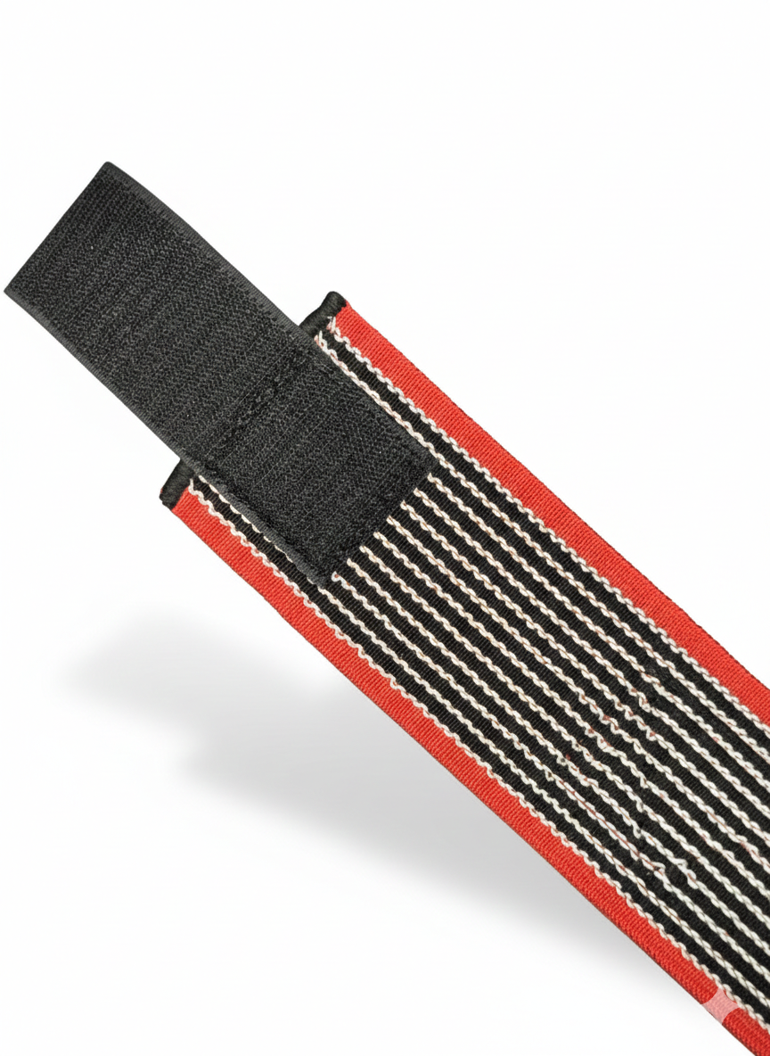Close-up of a black and red belt strap on a white background
