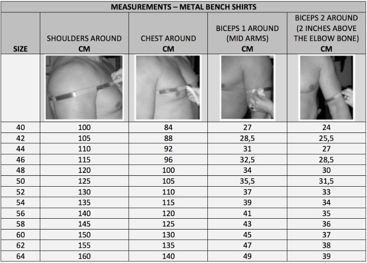 picture of metal bench size chart