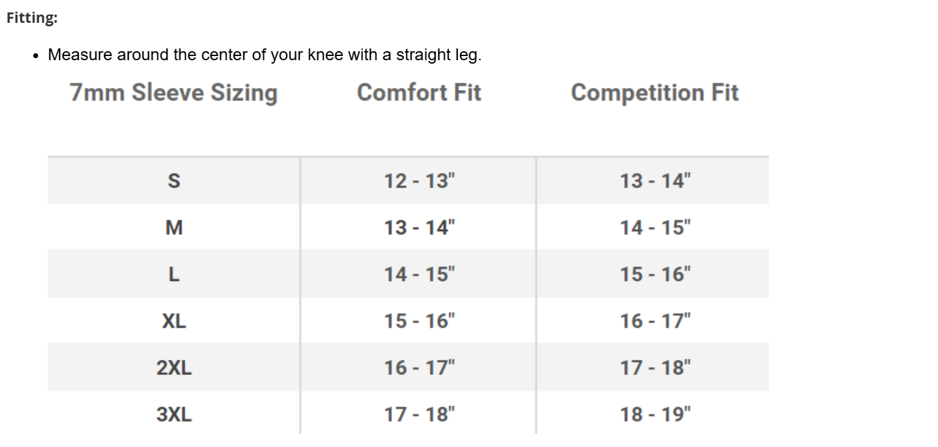 picture of 7MM ELITEFTS PR KNEE SLEEVES size chart