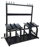 Black metal exercise rack with multiple platforms on a white background