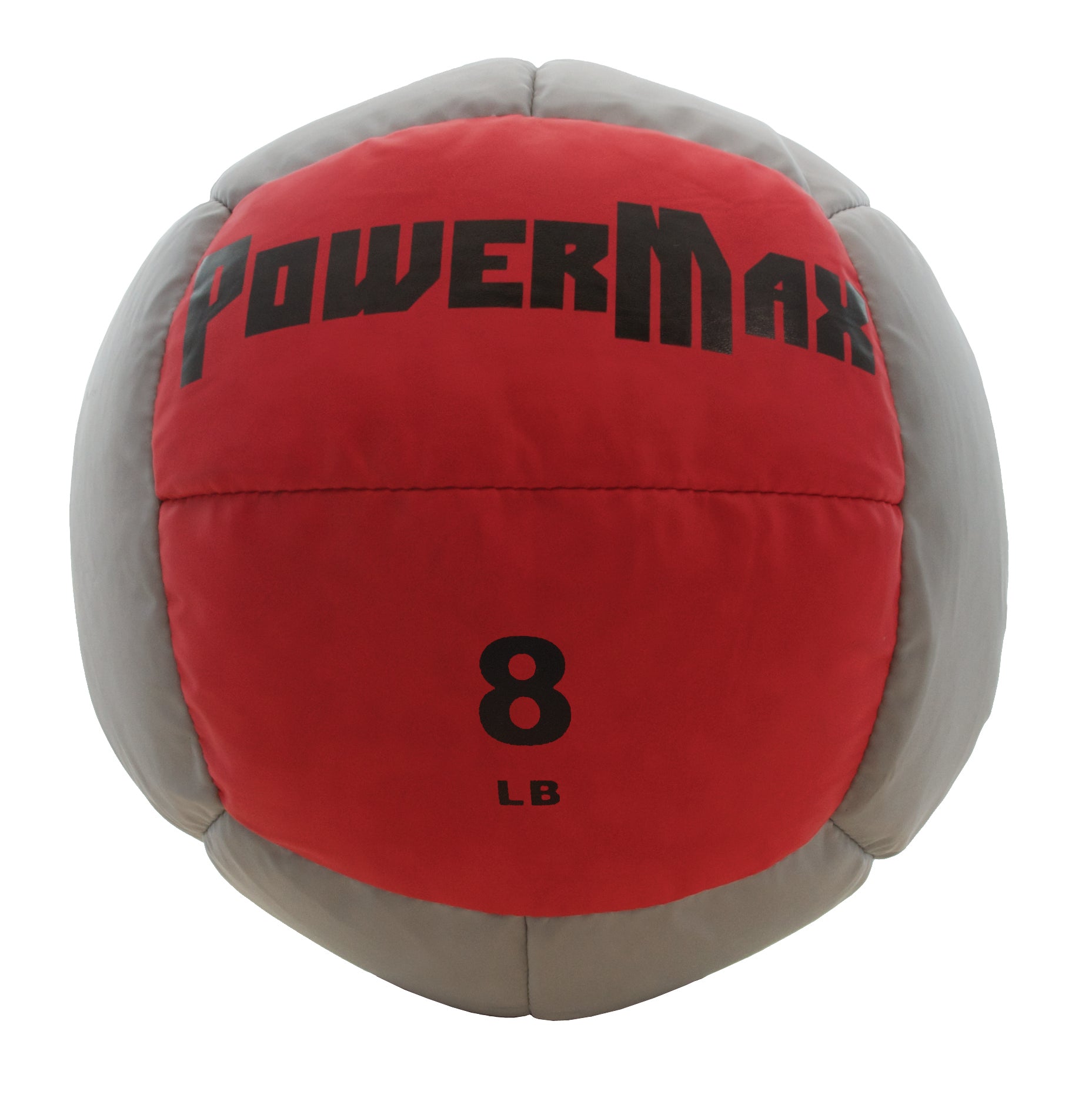 Red and gray medicine ball with 'PowerMax' branding and '8 LB' marking on a white background
