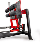 Red and black weightlifting bench with weight plates on a white background
