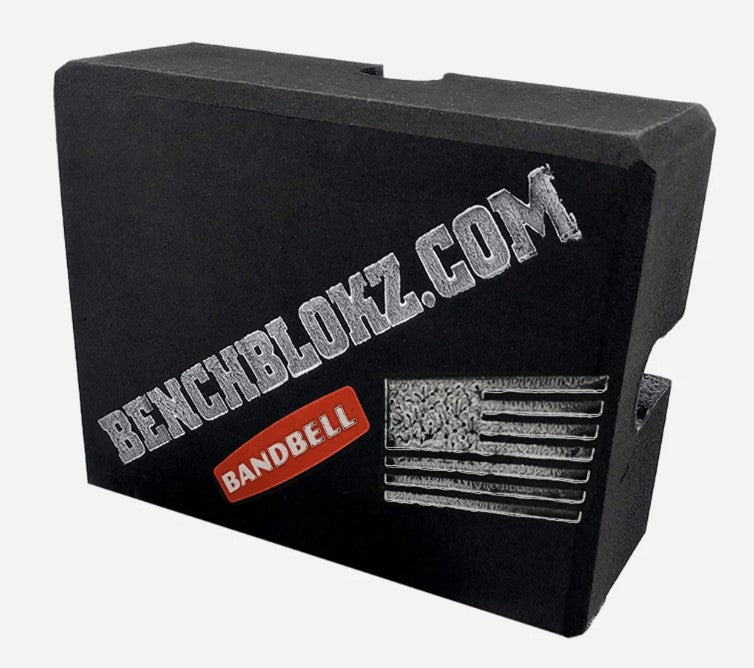 Black weightlifting block with 'BenchBlozkz.com' and Bandbell logos on a white background