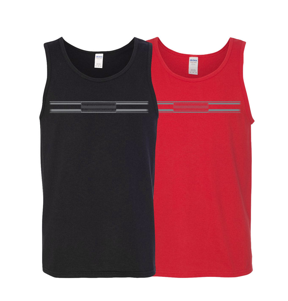 picture of two tank tops with Barbell decals, a bar on the front and a catchphrase on the back saying "be strong(Er) than your excuses