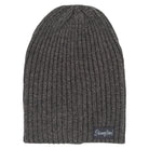 Gray knit beanie with a brand label on a white background