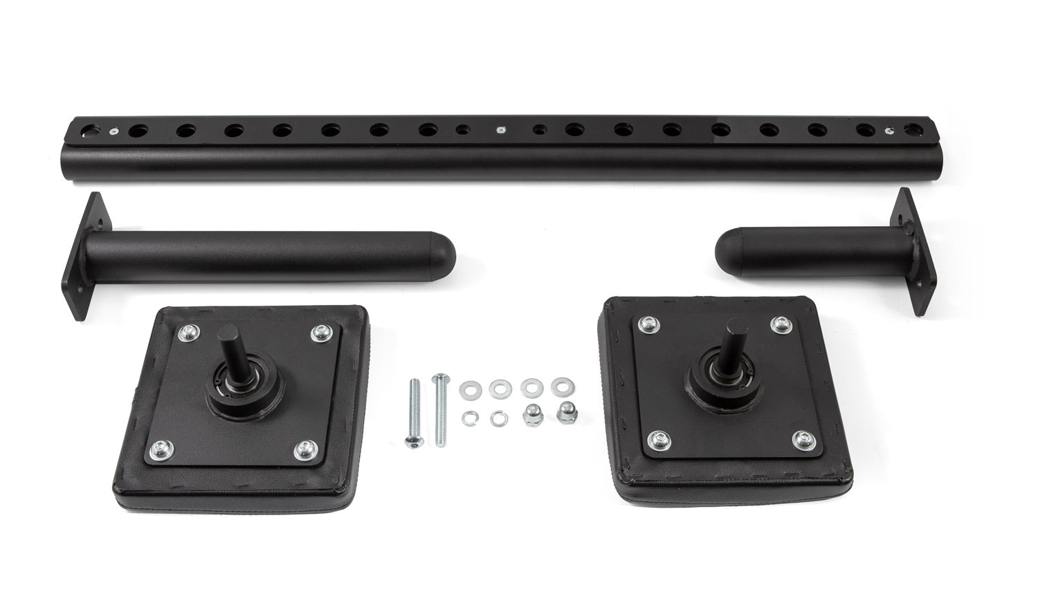 Set of black metal brackets and components on a white background