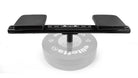 Black weight plate holder with gray weight plates on a white background