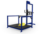 Blue power rack with a yellow towel on a white background