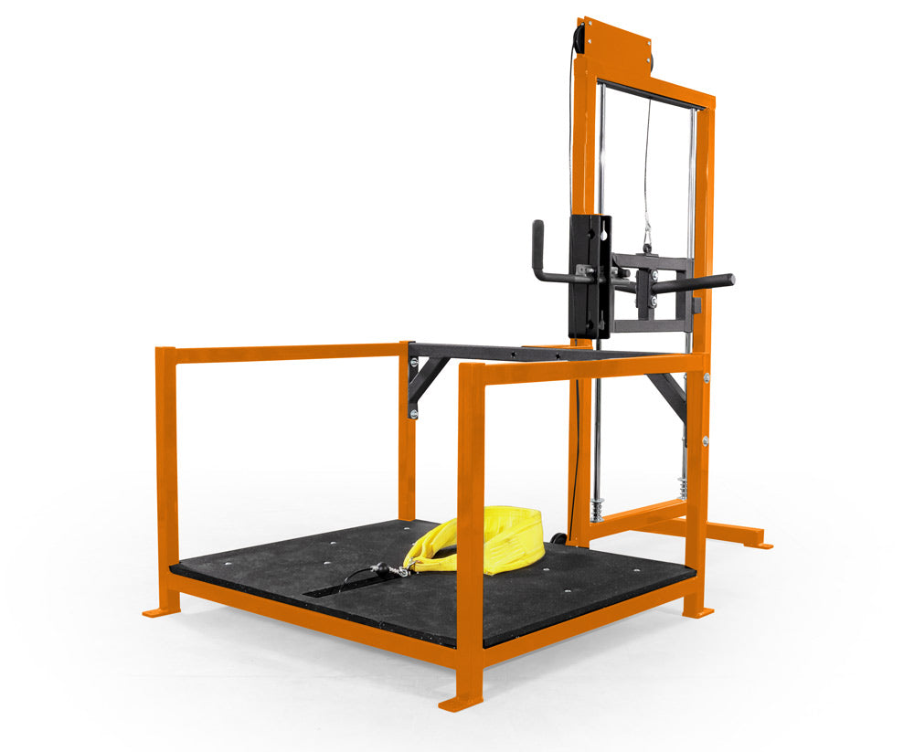 Orange power rack with a yellow towel on a white background
