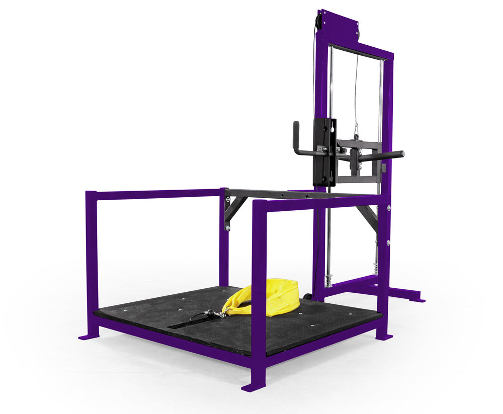 purple power rack with a yellow towel on a white background
