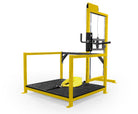 Yellow power rack with a yellow towel on a white background