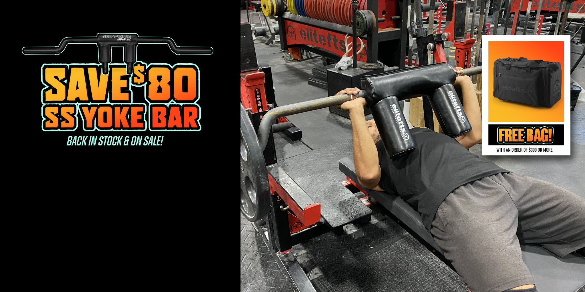 A promotional fitness scene showing a person lying on a bench with a barbell setup in a gym, alongside a large 'SAVE $80 SS YOKE BAR' sale graphic and a small inset showing a black bag with a 'FREE BAG!' offer. The product being promoted appears to be the SS Yoke Bar.