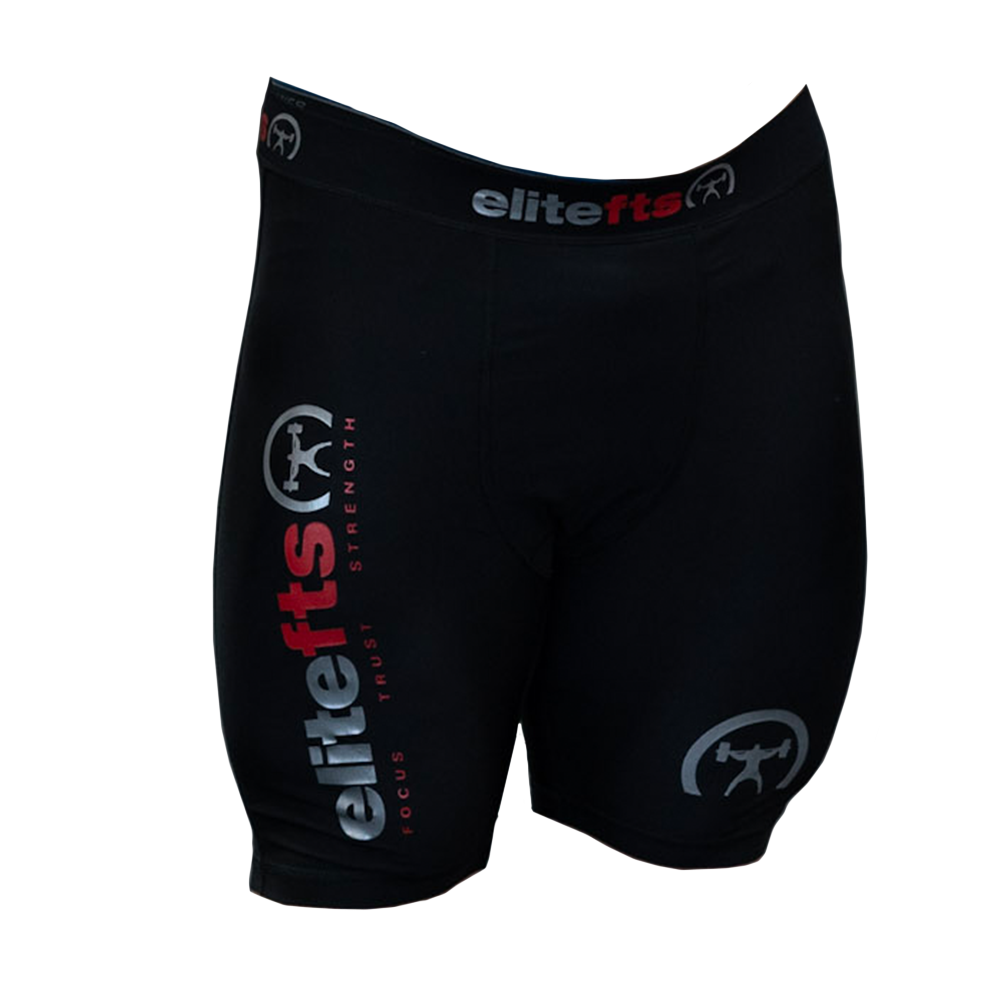 a pair of black compression shortswith EliteFTS decals on various parts of the product