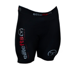 a pair of black compression shortswith EliteFTS decals on various parts of the product
