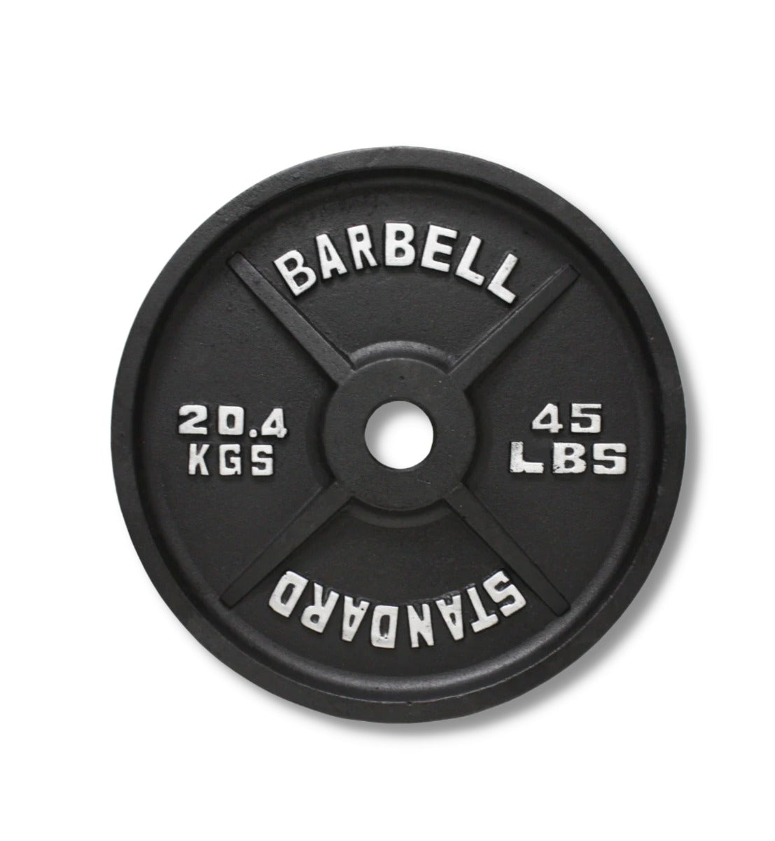 Black barbell weight plate with measurements on a white background