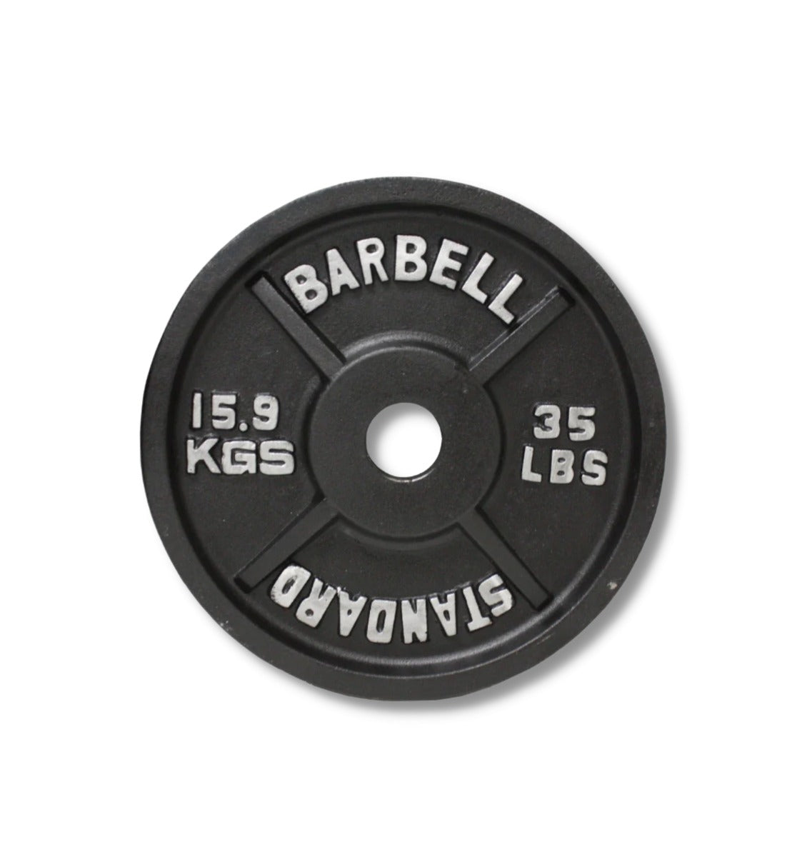 Black barbell weight plate with measurements on a white background