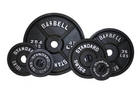 Set of black barbell weight plates with labeled weights on a white background